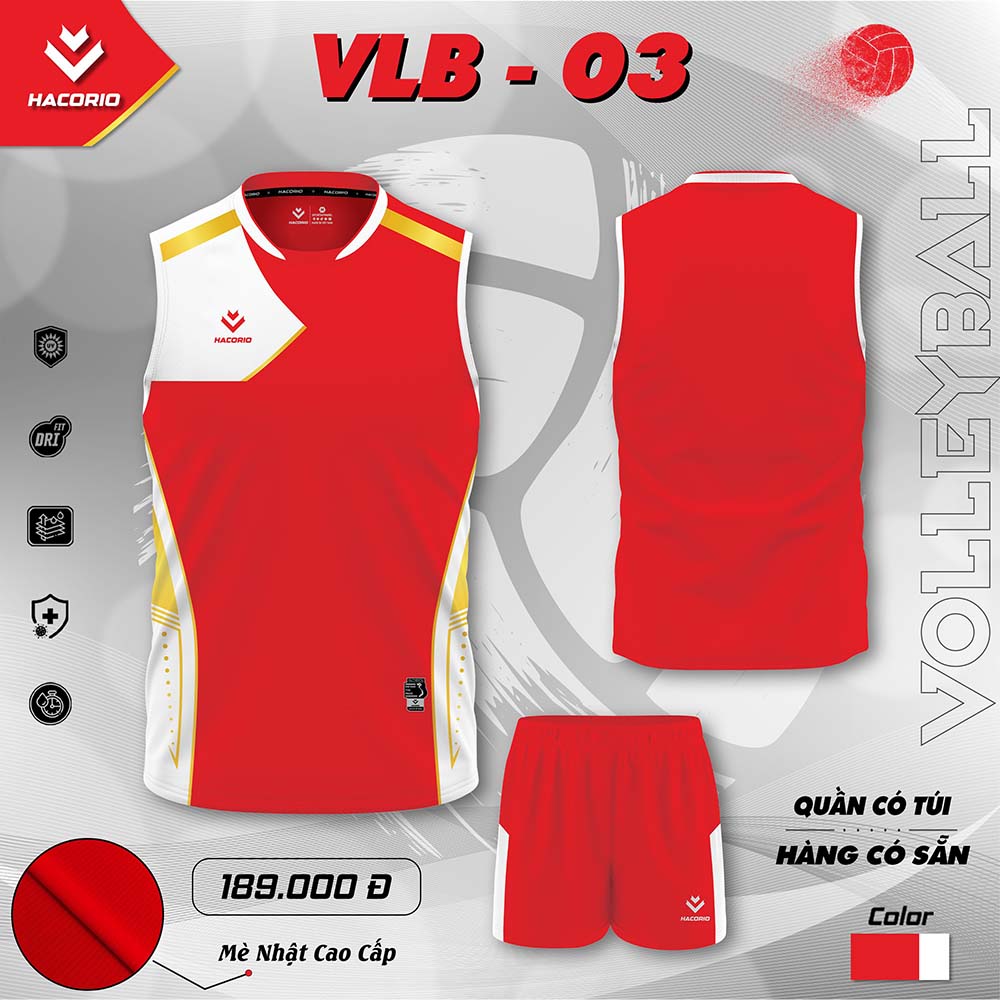 Đồng phục bóng chuyền VLB-03 Hacorio màu đỏ trắng vàng