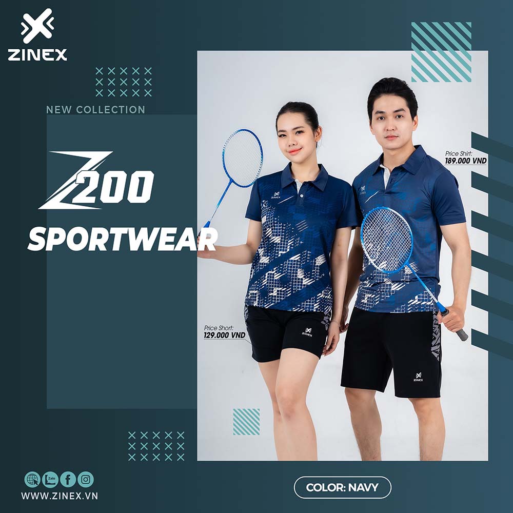 Bộ đồ thể thao Z200 Zinex màu xanh navy phối họa tiết trắng năng động