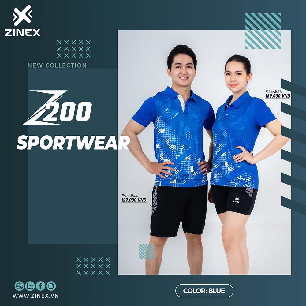 Áo cầu lông ZINEX Z200 màu xanh dương thiết kế thể thao