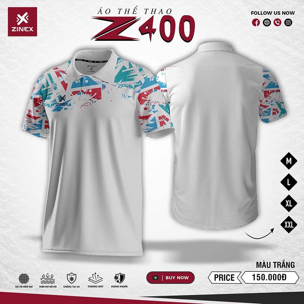 Áo thể thao Z400 trắng phối graphic đỏ - xanh dương - xám cá tính