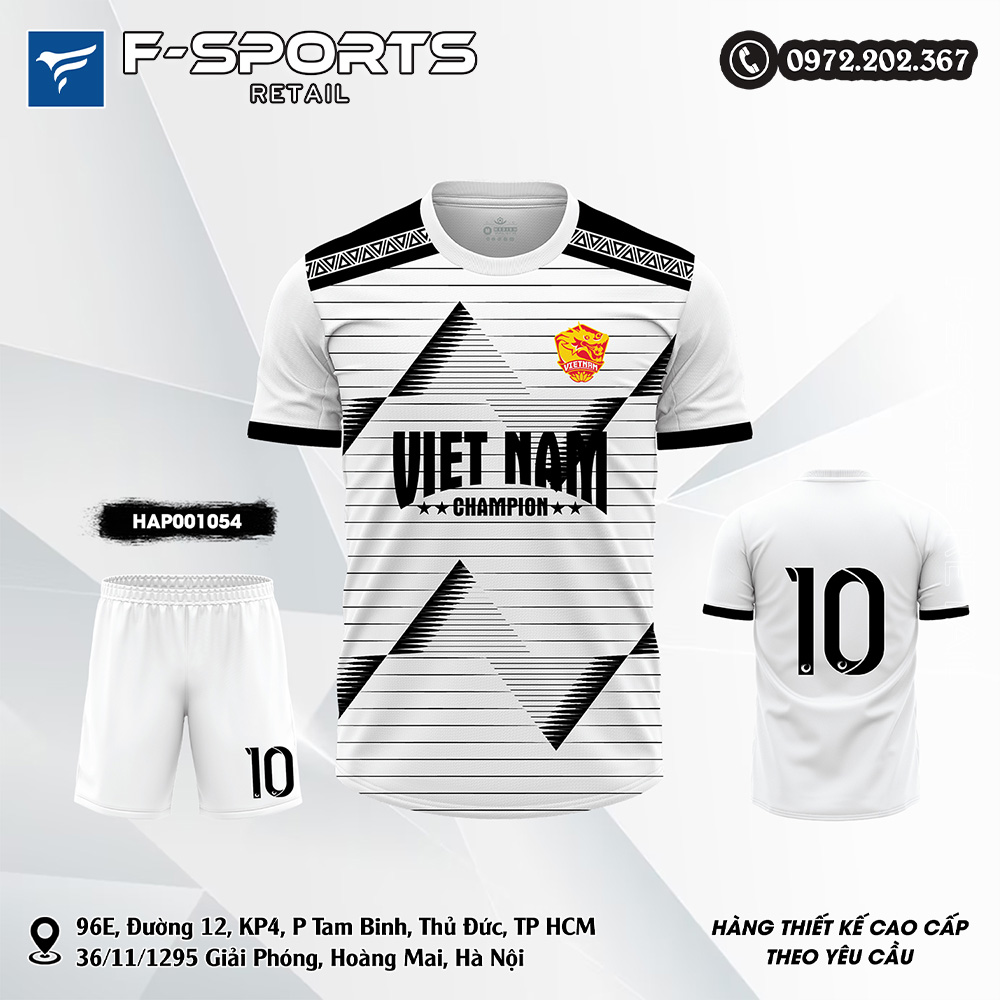 Áo đá banh trắng đen F-SPORTS DTVN10 phối hoạ tiết tam giác hiện đại