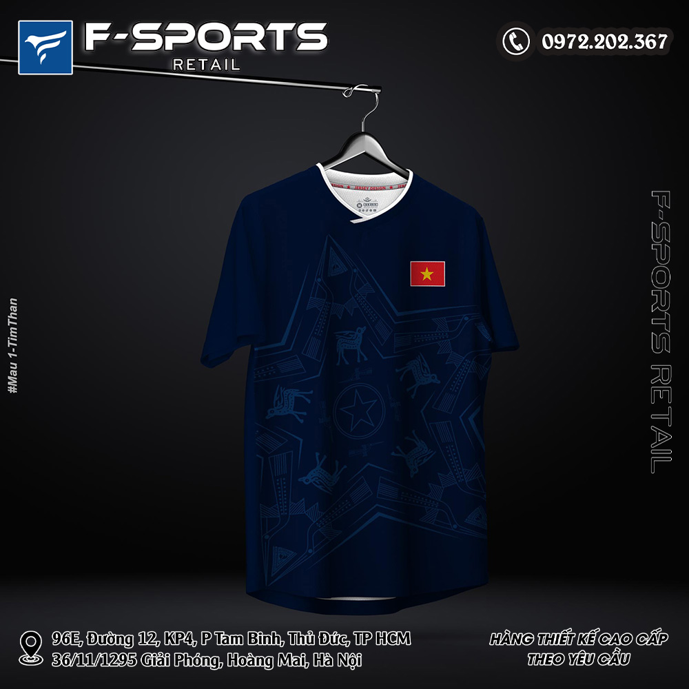 Áo Đấu F-Sports Tím Than với họa tiết trống đồng và lá cờ Việt Nam