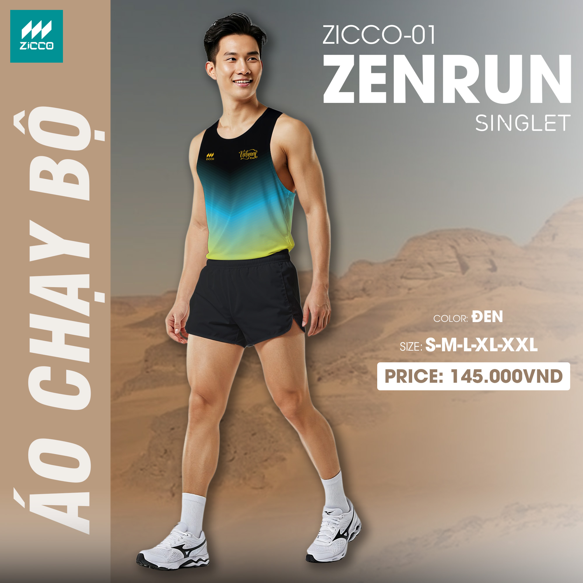 Áo chạy bộ ZICCO-01 ZENRUN Singlet màu đen chuyển xanh dương và vàng neon