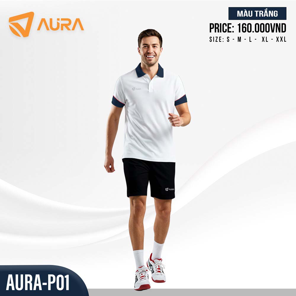Áo polo thể thao nam Aura-P01 màu trắng phối viền xanh đậm