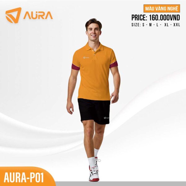 Áo Polo Thể Thao AURA-P01 - Vàng Nghệ Viền Đỏ Rượu