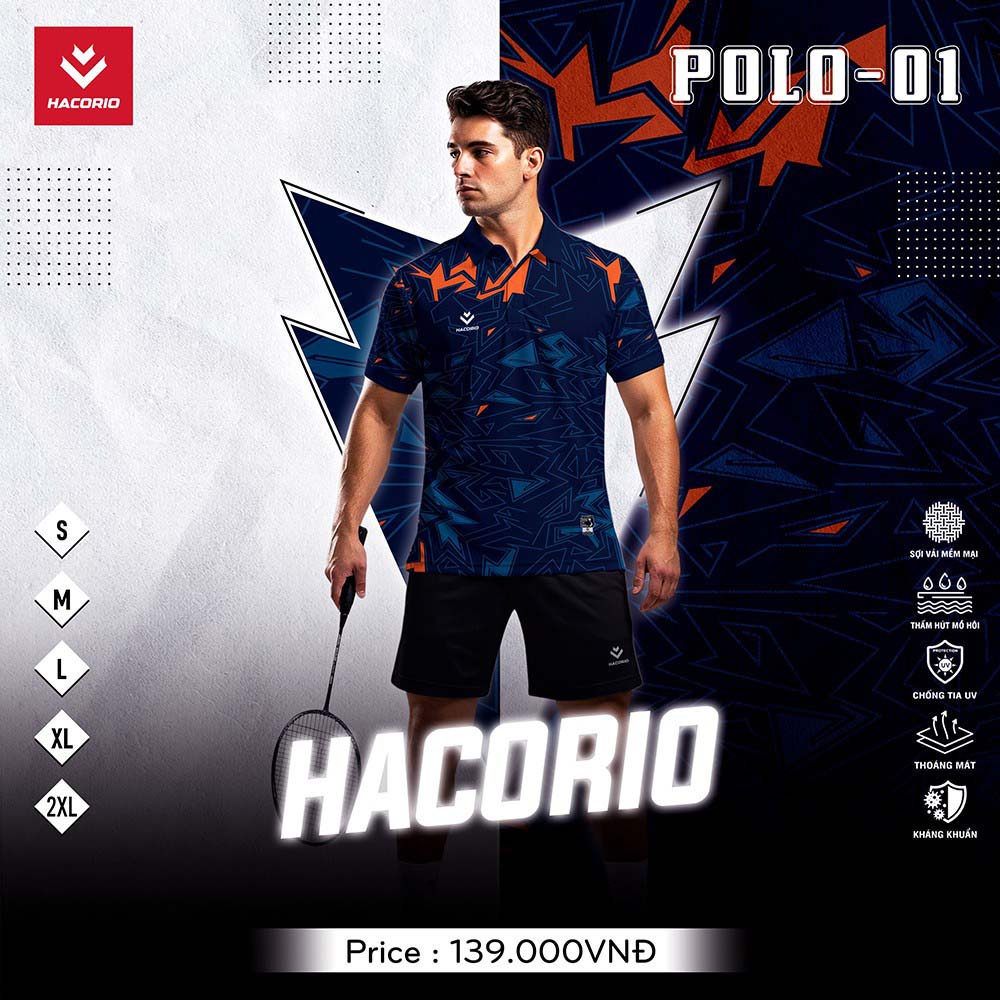 Áo Thể Thao Nam Hacorio POLO-01 Màu Xanh Navy Với Hoạ Tiết Cam Neon Nổi Bật