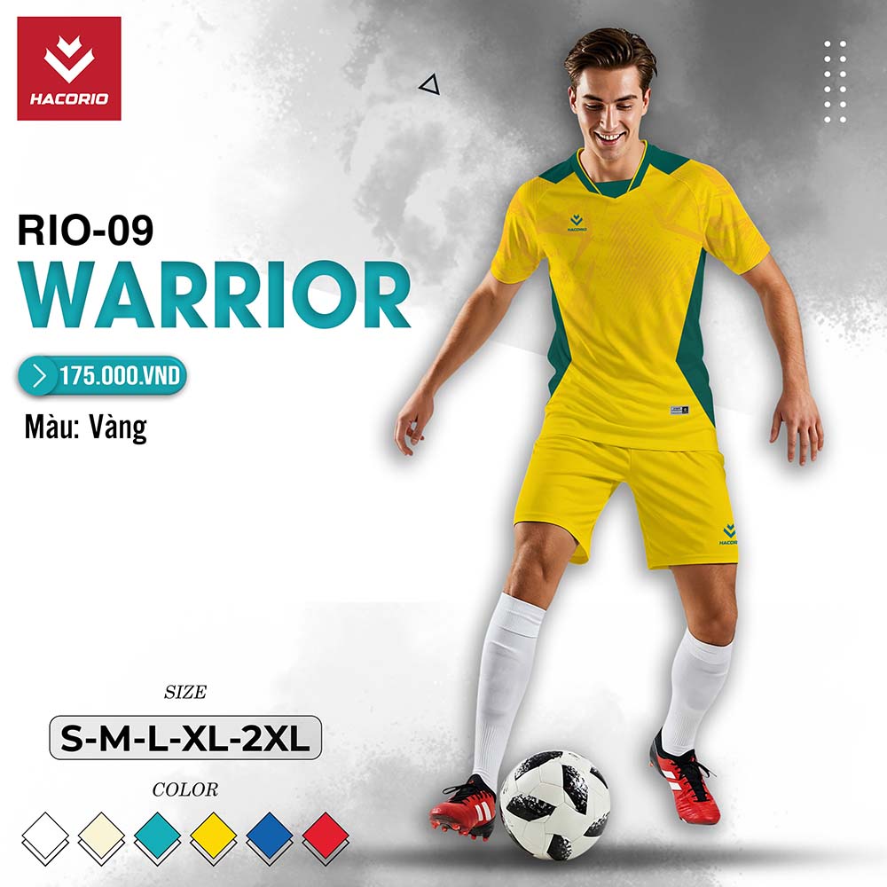 Áo bóng đá RIO-09 WARRIOR màu vàng của HACORIO với thiết kế thể thao hiện đại và điểm nhấn xanh lá