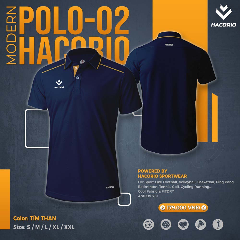 Áo Polo-02 Hacorio màu tím than với viền cam nổi bật, vải FITDRY thoáng mát và chống tia UV 75+