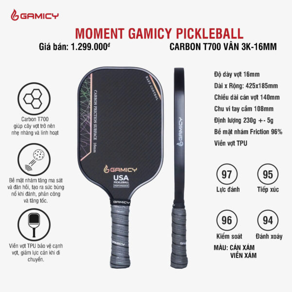 Vợt Pickleball Moment Gamicy Carbon T700 Xám - 16mm