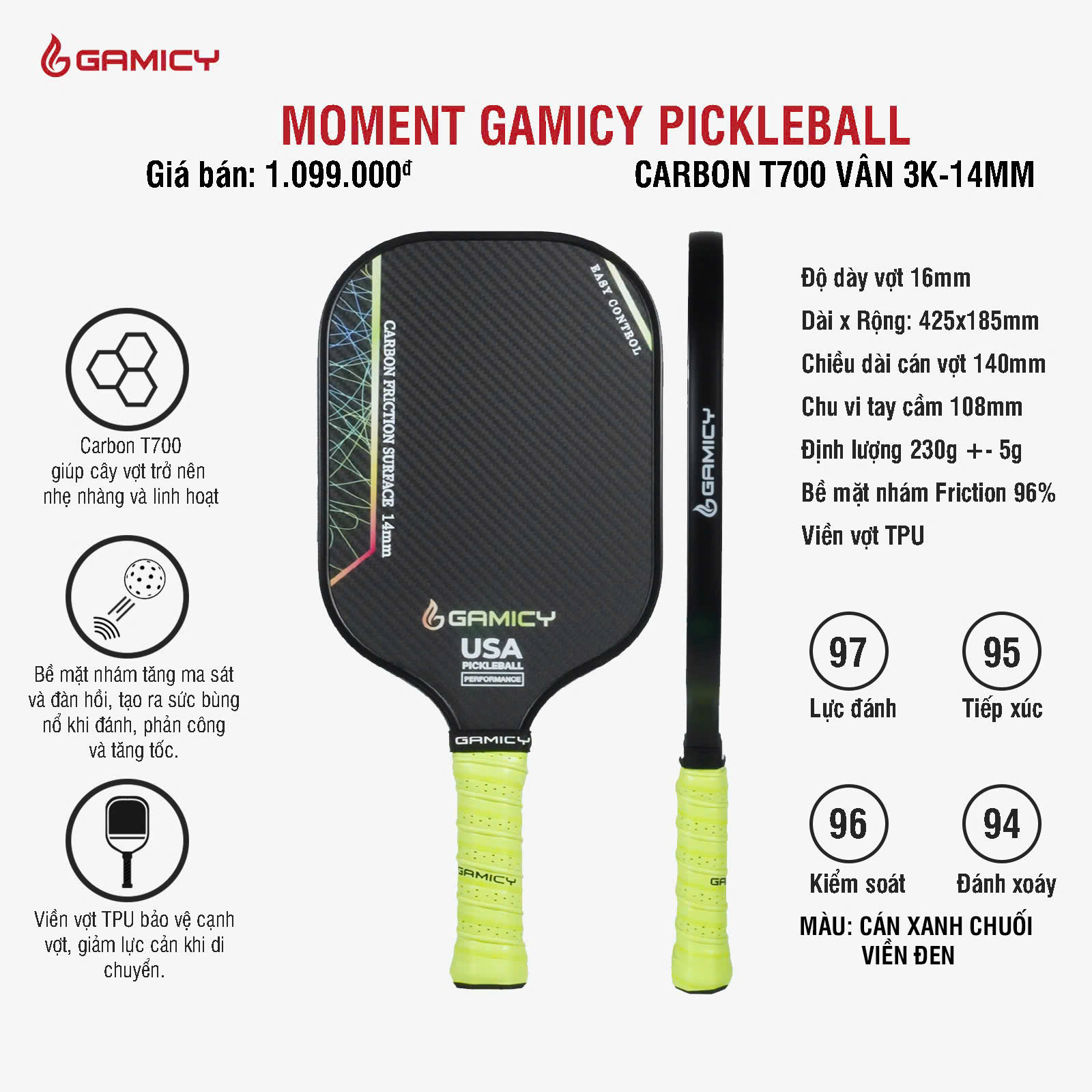 Vợt Pickleball GAMICY MOMENT T700 màu đen carbon phối xanh chuối năng động