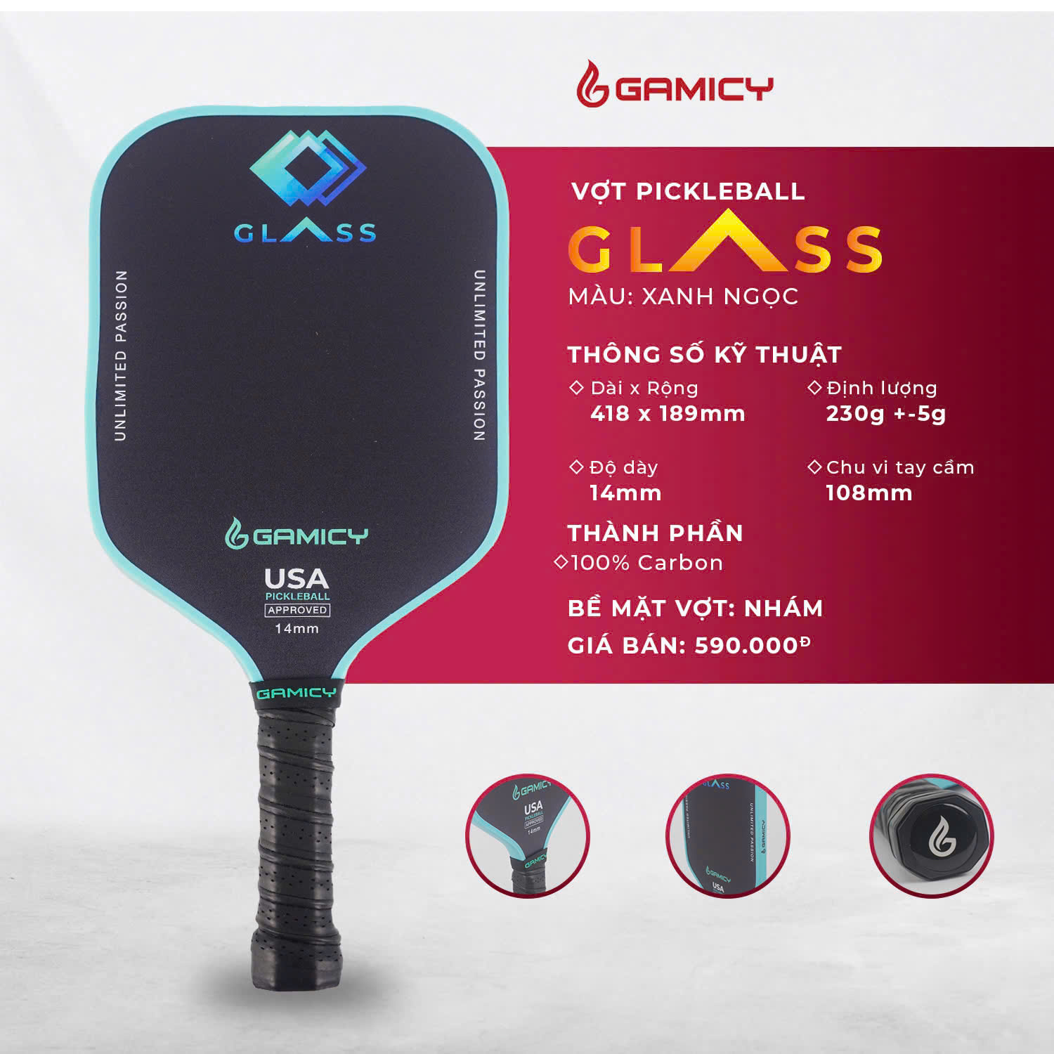 Vợt Pickleball GAMICY GLASS Kiểu 1 màu xanh ngọc chính hãng
