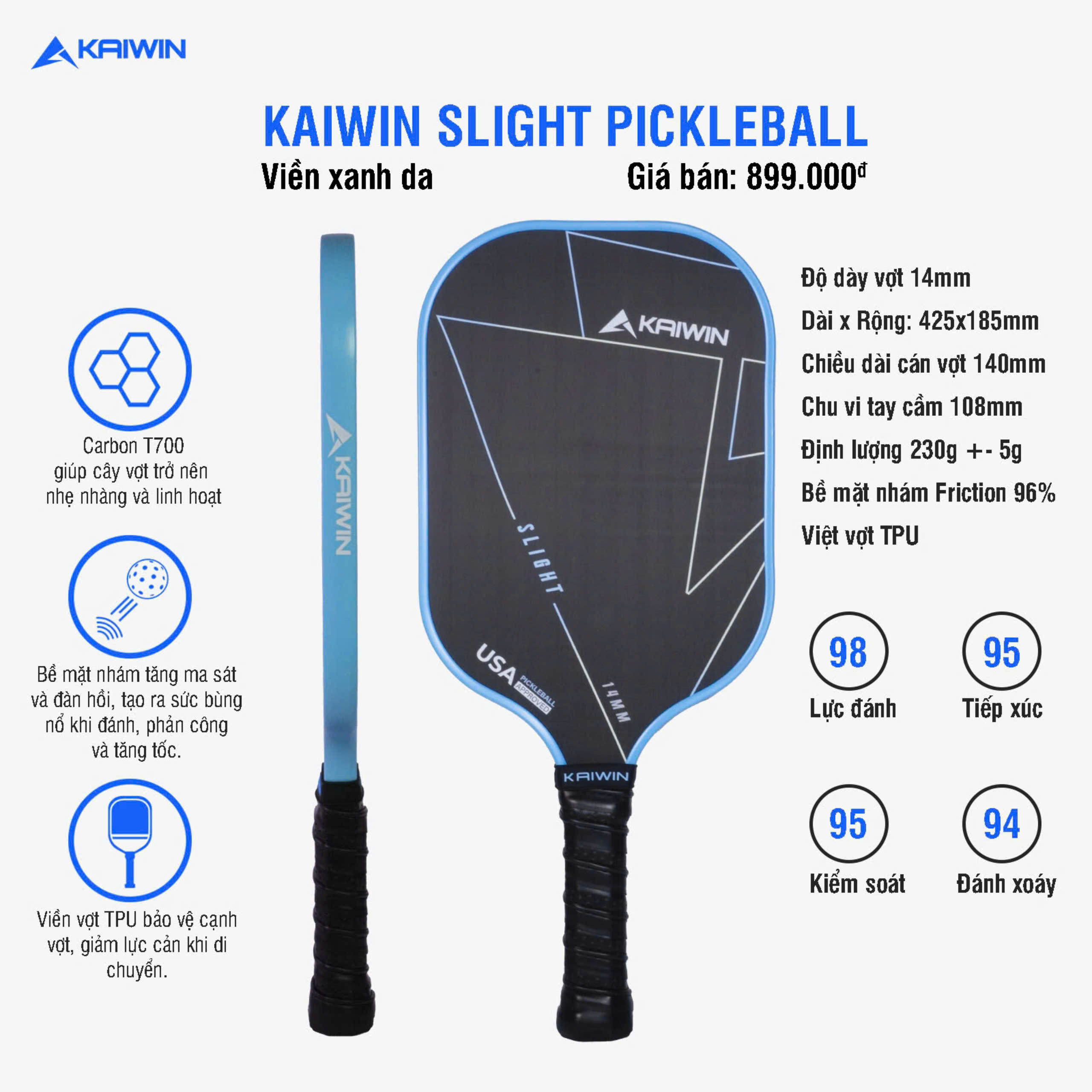 Vợt Pickleball Kaiwin Slight viền xanh da - chất liệu carbon T700 bền nhẹ cao cấp