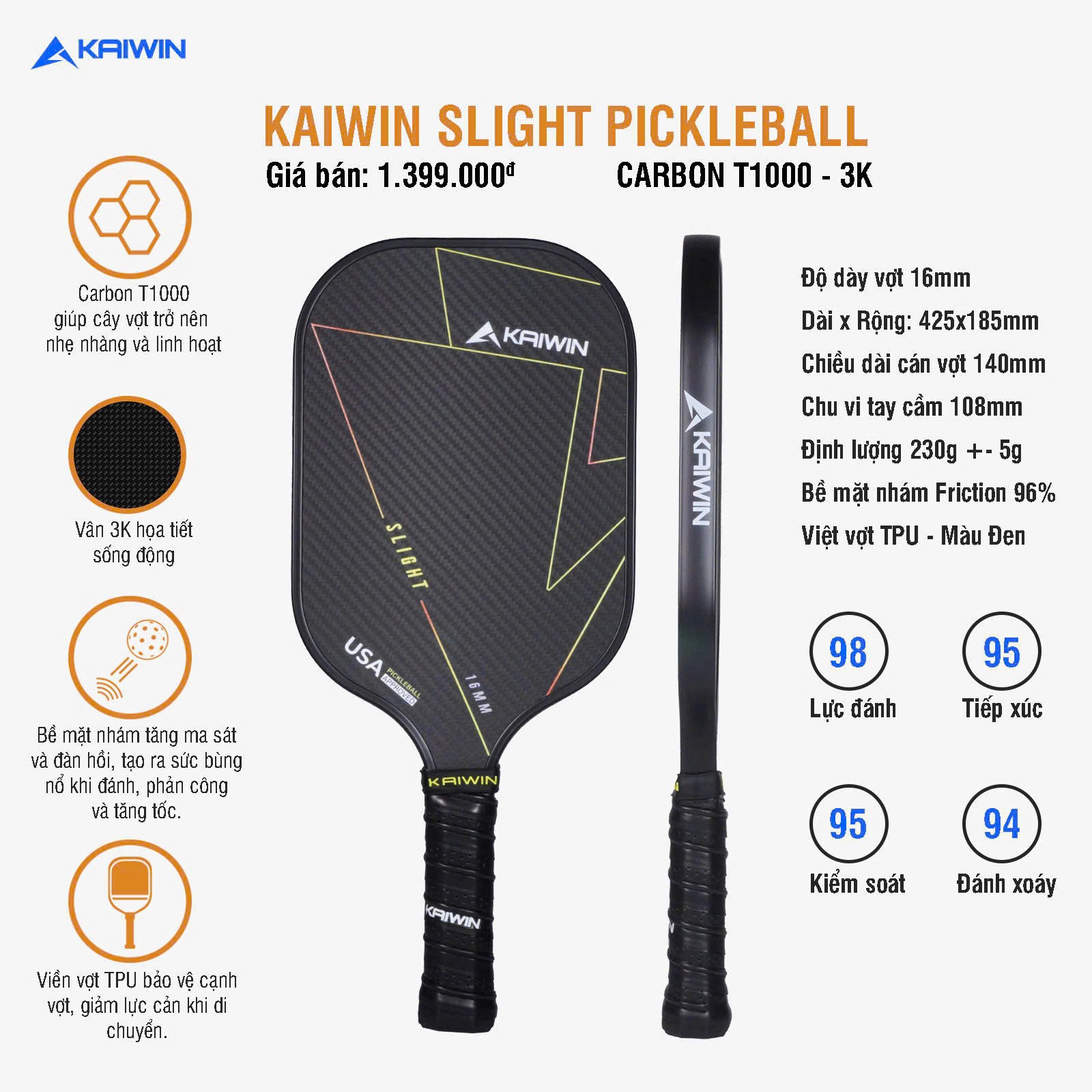 Vợt pickleball Kaiwin Slight T1000 màu đen carbon điểm line neon