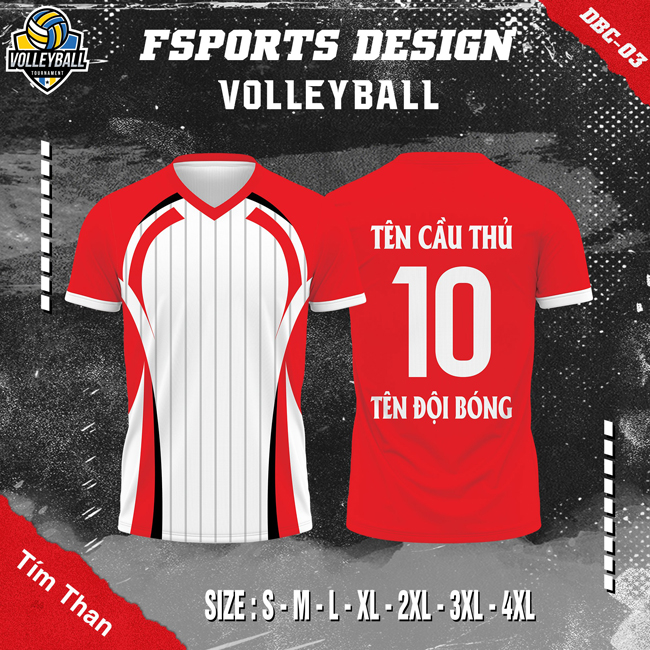 Áo thun bóng chuyền FSports Design DBC-03 màu trắng đỏ phối sọc đen hiện đại