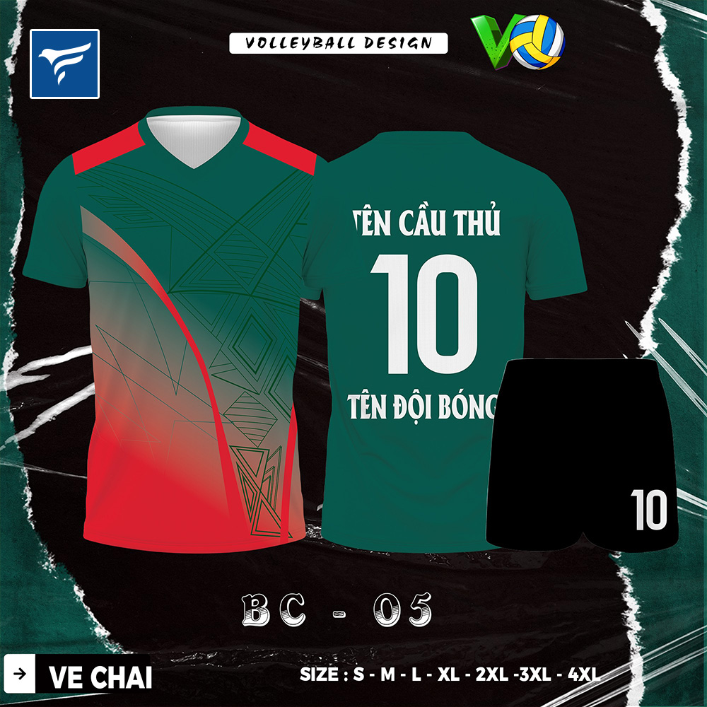 Áo bóng chuyền thiết kế BC-05 màu xanh rêu phối đỏ cho câu lạc bộ