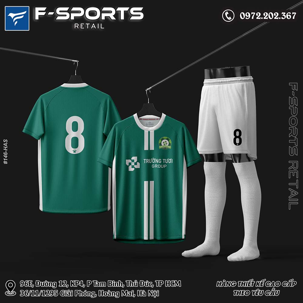 Đồng phục bóng đá F-Sports xanh lá thiết kế sọc trắng