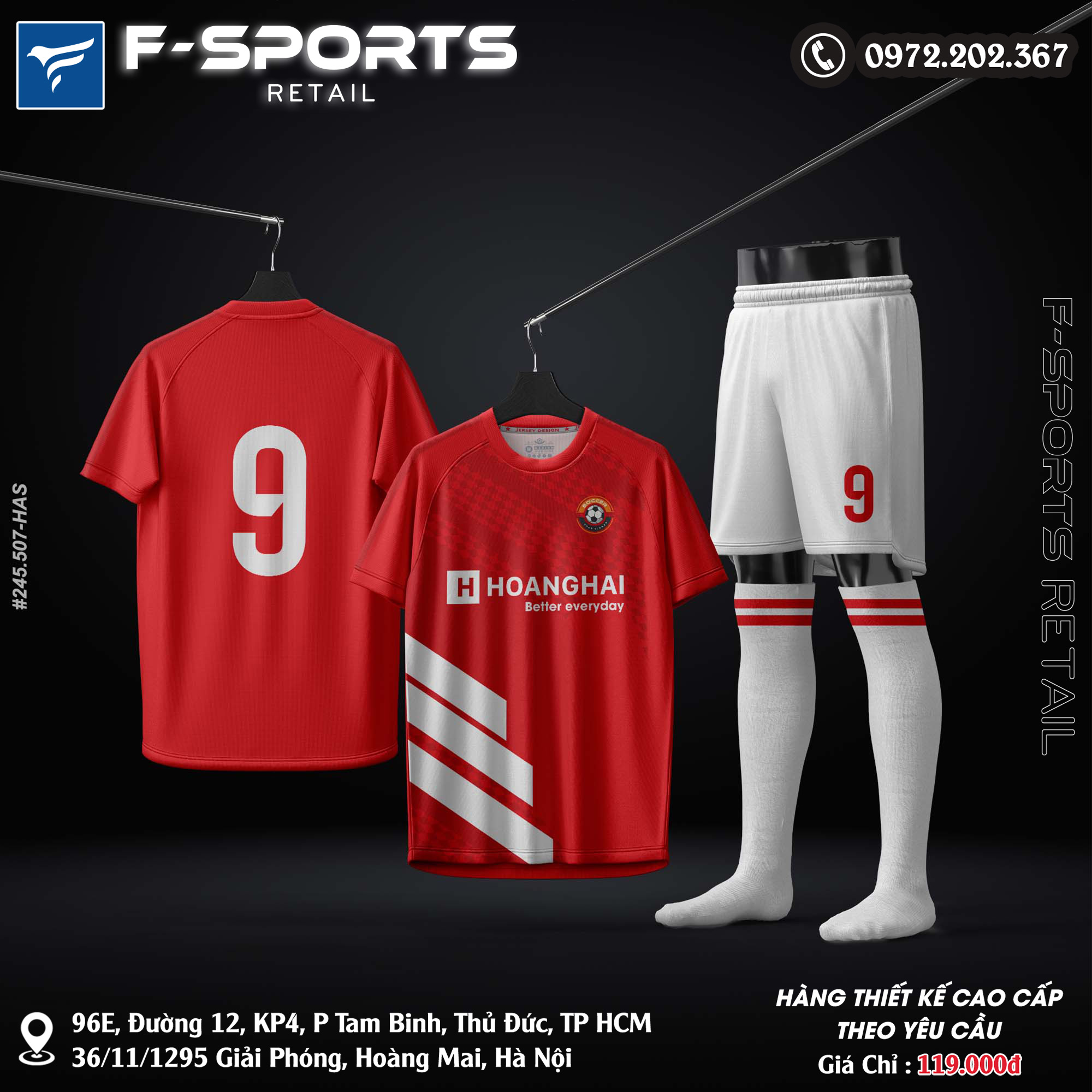 Đồng phục bóng đá thiết kế màu đỏ tươi phối trắng – FSports 2025