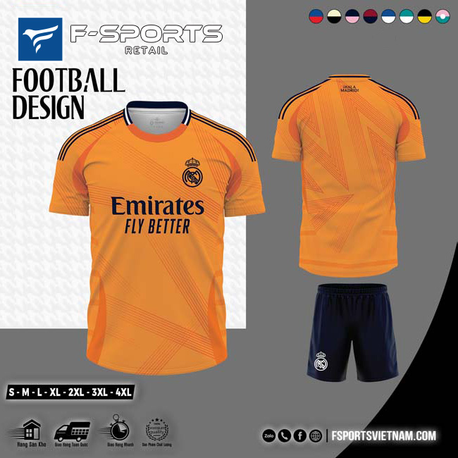 Áo đấu Real Madrid sân khách 2024 màu cam rực rỡ, phối xanh navy sang trọng