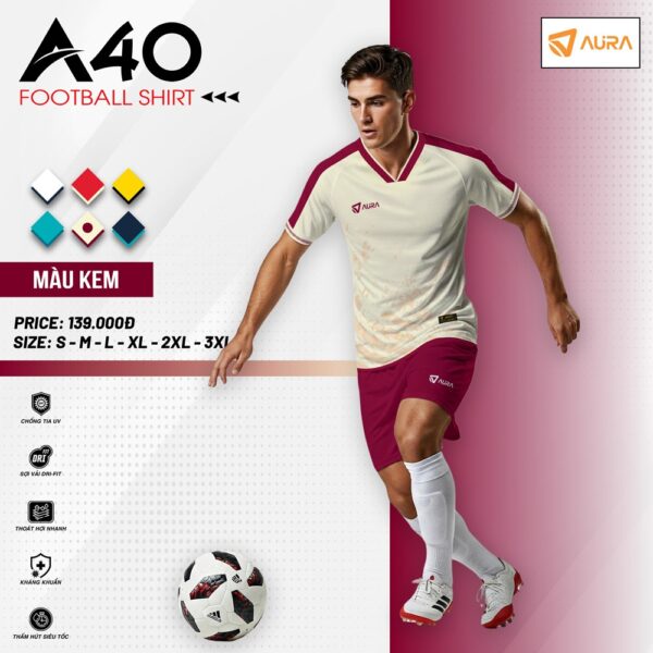 Áo bóng đá không logo AURA A40 màu kem phối đỏ đô
