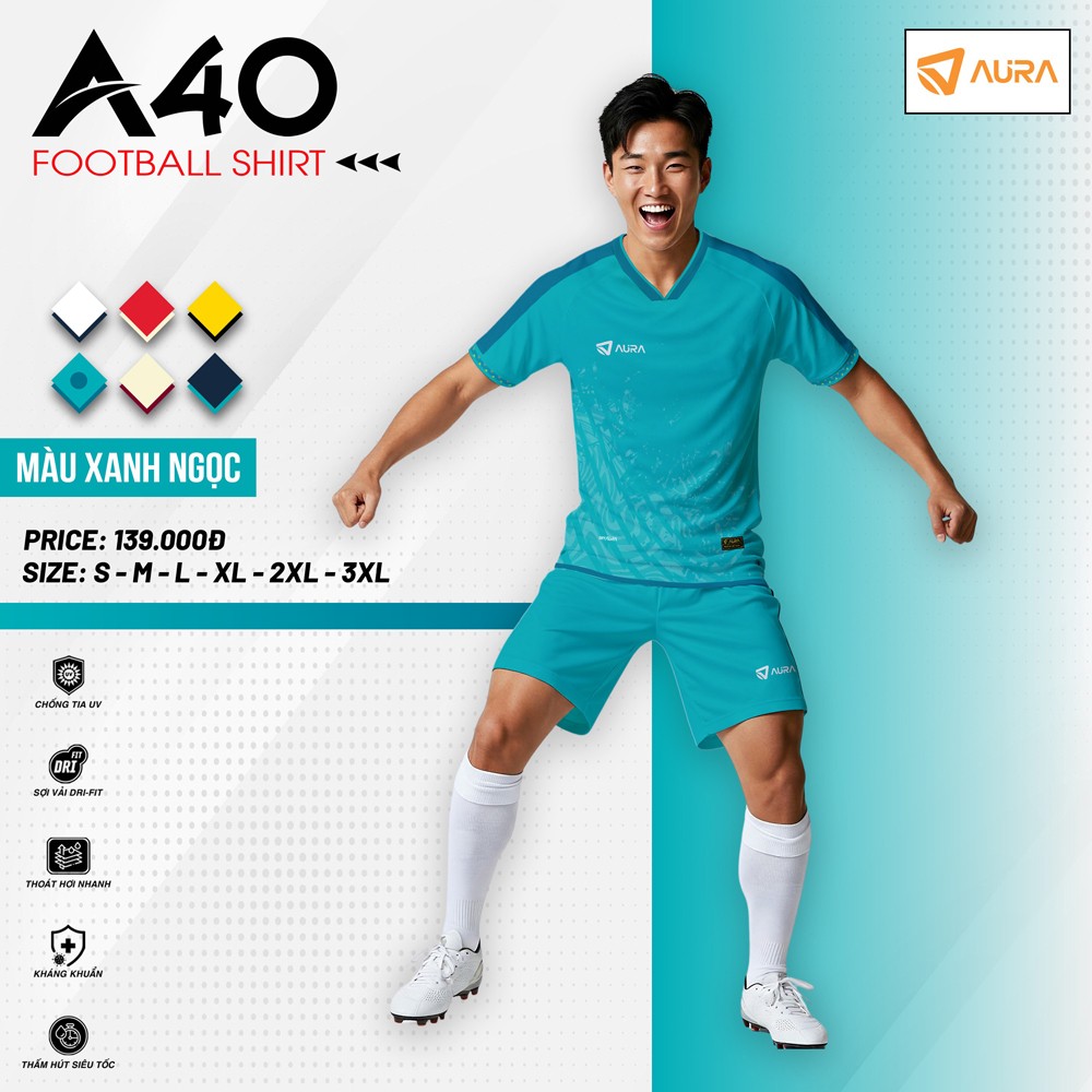 Áo bóng đá A40 màu xanh ngọc thiết kế thể thao, chất liệu Dri-Fit chống tia UV