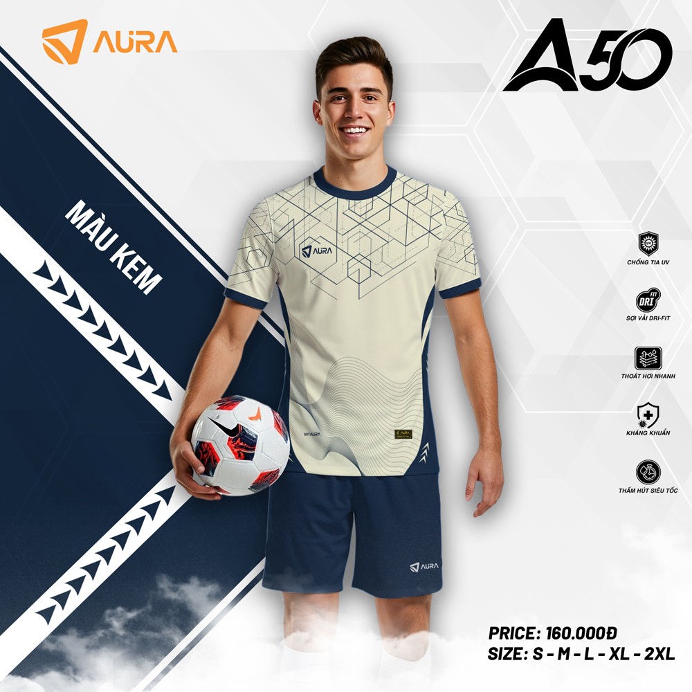 Áo thể thao Aura A50 màu kem phối xanh navy, chất liệu DRI-FIT cao cấp, chống UV và kháng khuẩn