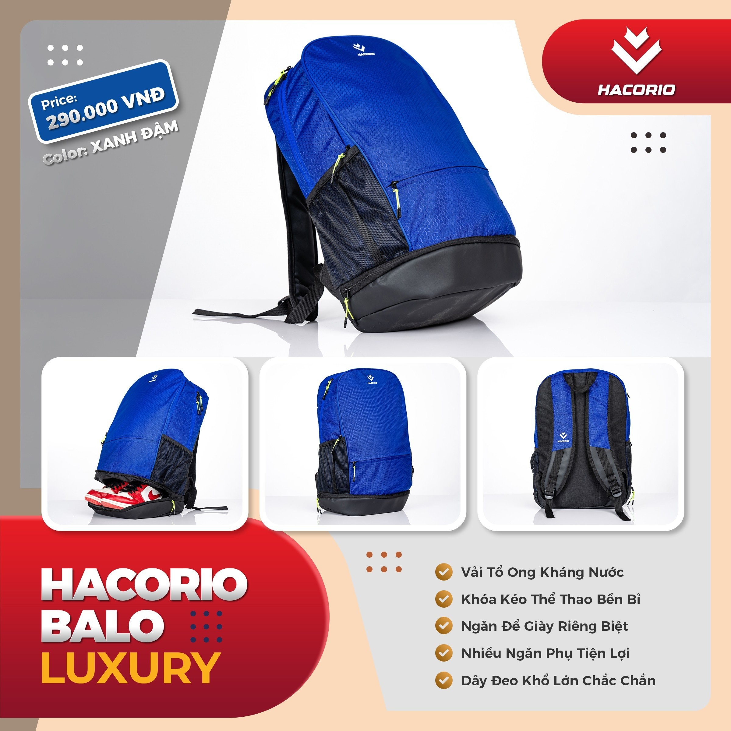 Balo thể thao HACORIO Luxury màu xanh đậm kháng nước, có ngăn đựng giày riêng