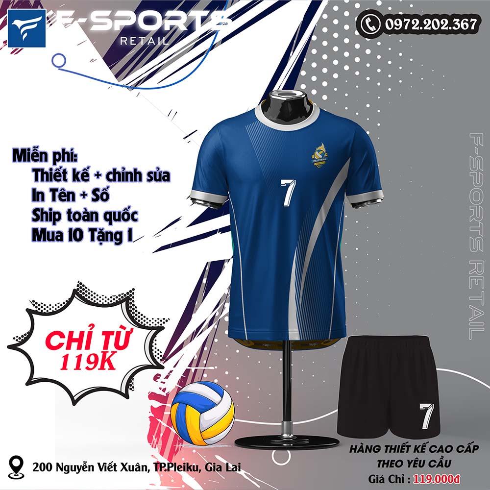 Áo bóng chuyền màu xanh navy phối sọc trắng xám F-Sports thiết kế mạnh mẽ, chuyên nghiệp