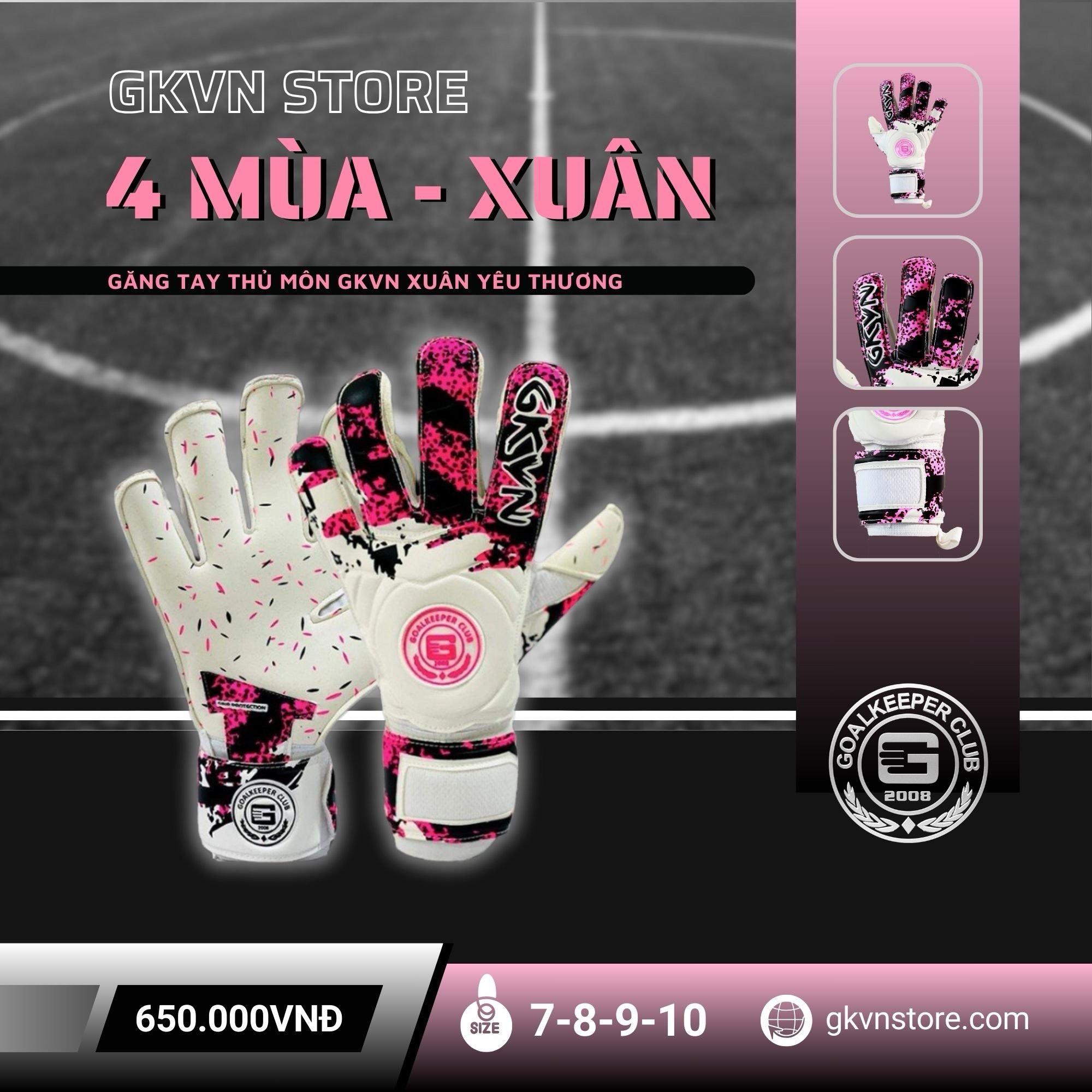 Găng tay thủ môn GKVN – 4 MÙA XUÂN màu hồng pastel kết hợp đen trắng