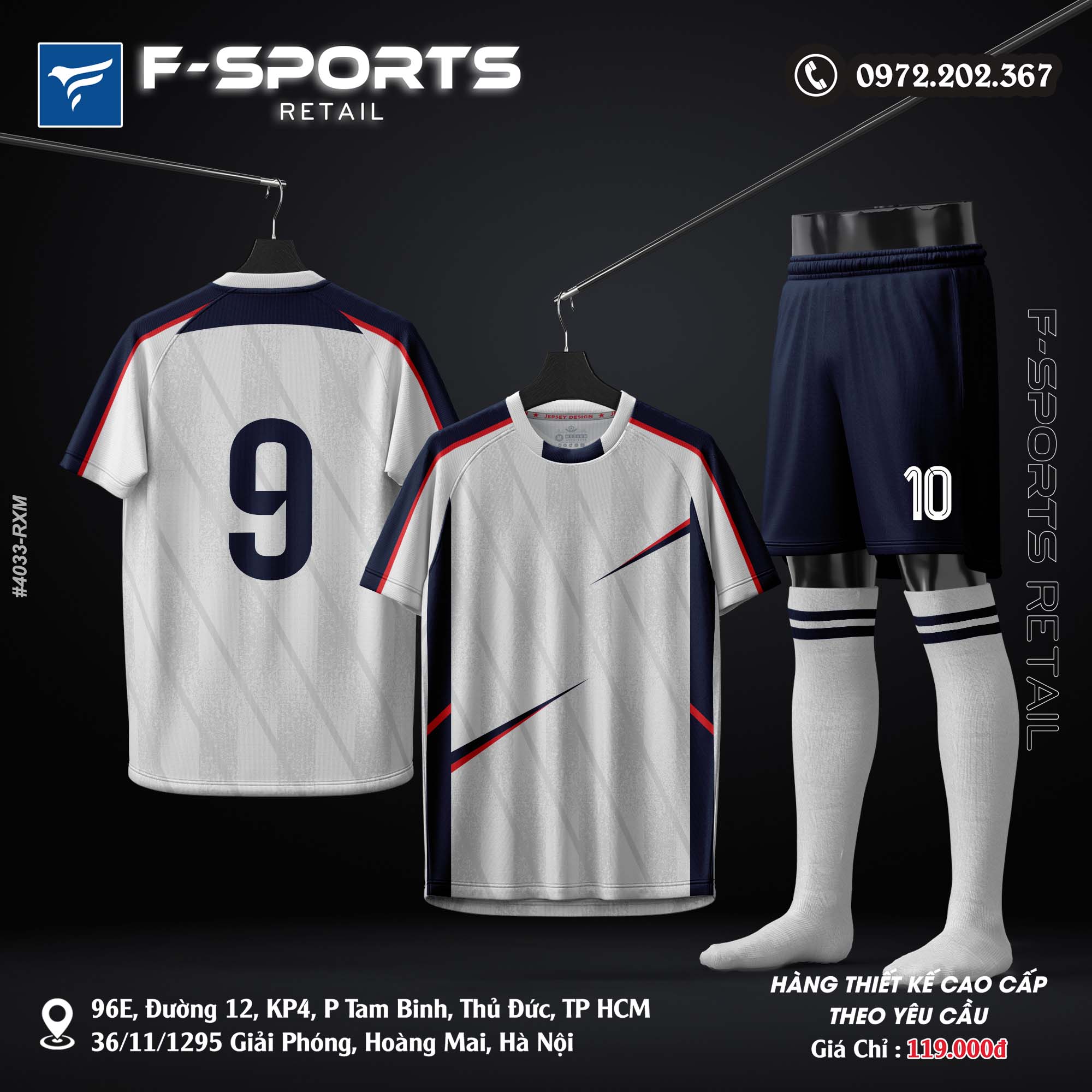 Bộ quần áo thể thao F-Sports trắng phối đỏ xanh thiết kế trẻ trung hiện đại