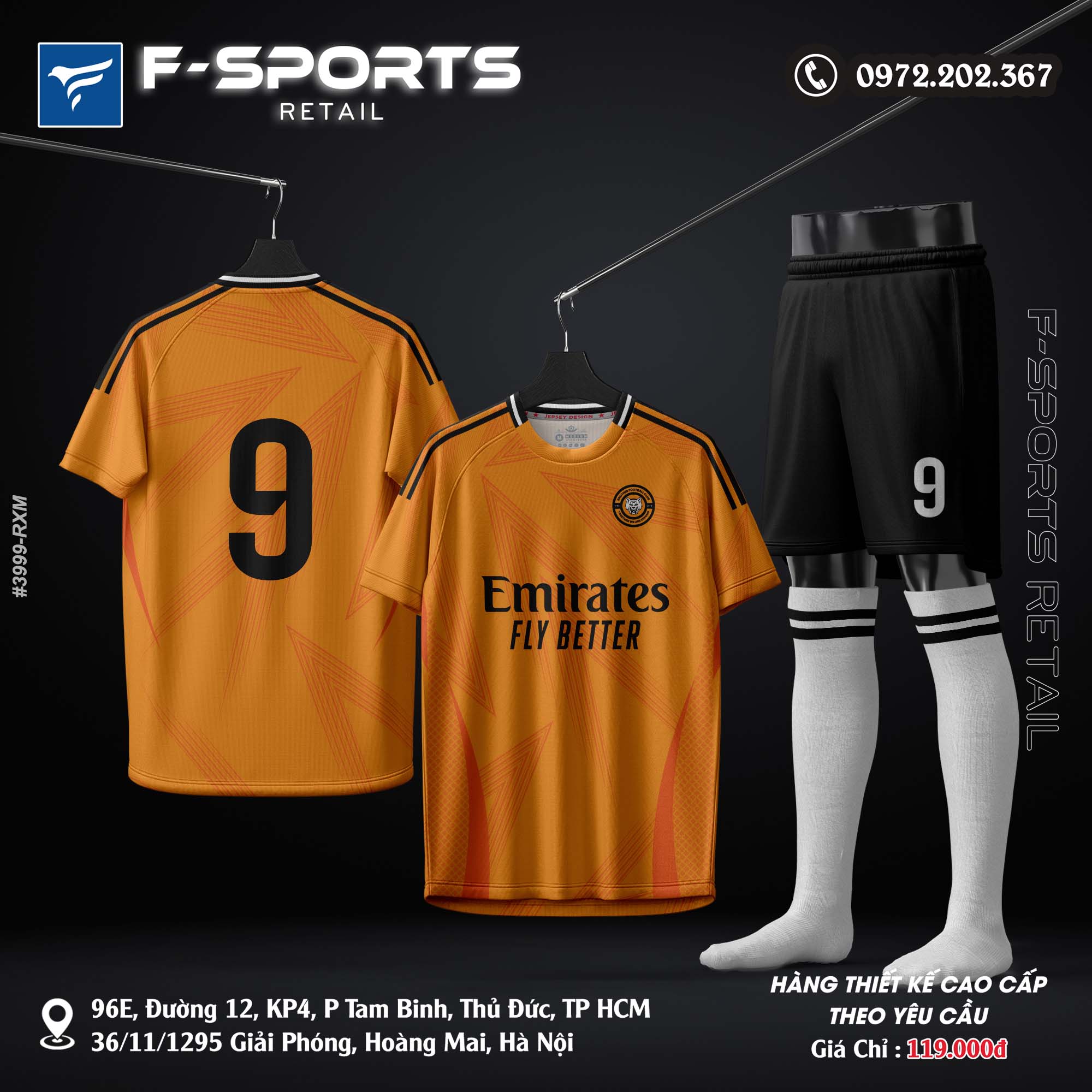 Bộ đồ bóng đá F-Sports màu cam Amber phối đen thiết kế theo yêu cầu